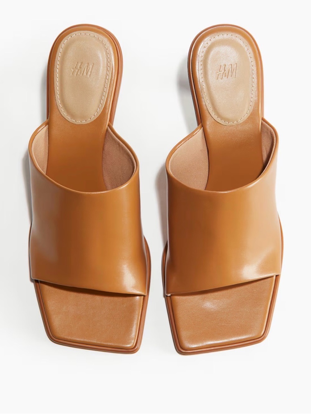H&M Heeled Kitten Heels Mules Sandals Brown Squared Toe Dark Beige Tan US 7
